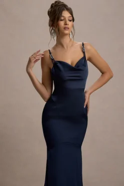 Made With Love | Navy Satin Strappy Fishtail Maxi Dress