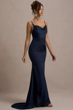 Made With Love | Navy Satin Strappy Fishtail Maxi Dress