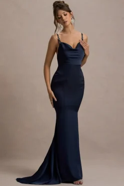 Made With Love | Navy Satin Strappy Fishtail Maxi Dress