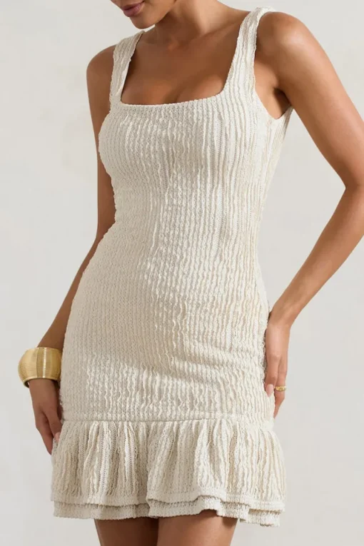 Madeira | Ecru Crochet Square-Neck Mini Dress With Ruffle Trim