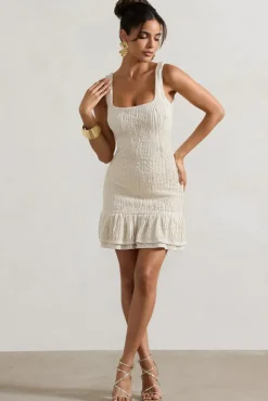 Madeira | Ecru Crochet Square-Neck Mini Dress With Ruffle Trim