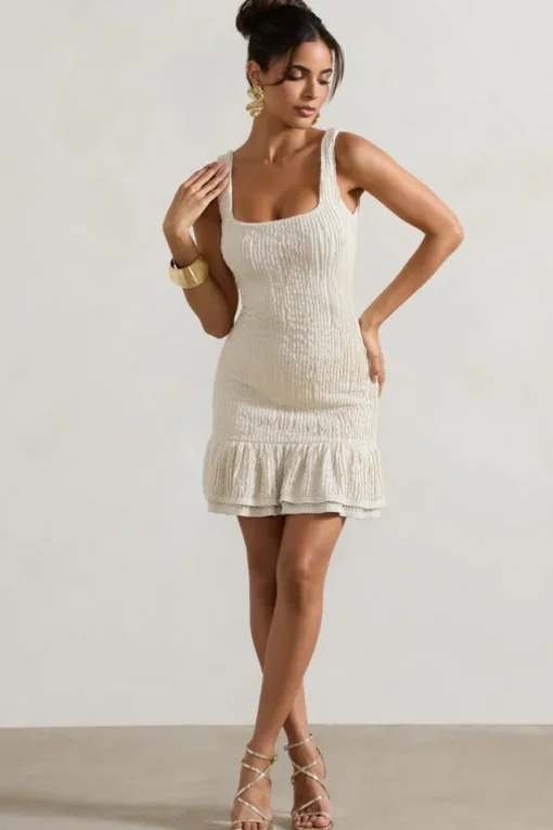 Madeira | Ecru Crochet Square-Neck Mini Dress With Ruffle Trim