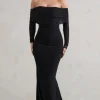 Madeleine | Black Fishtail Maxi Dress With Bardot Mesh Long Sleeves