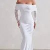Madeleine | White Fishtail Maxi Dress With Bardot Mesh Long Sleeves