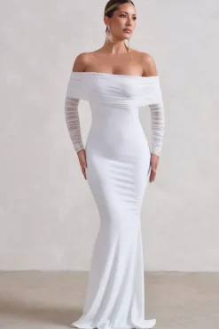 Madeleine | White Fishtail Maxi Dress With Bardot Mesh Long Sleeves