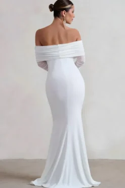 Madeleine | White Fishtail Maxi Dress With Bardot Mesh Long Sleeves