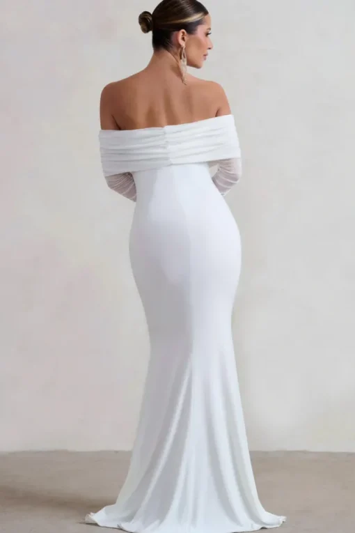 Madeleine | White Fishtail Maxi Dress With Bardot Mesh Long Sleeves