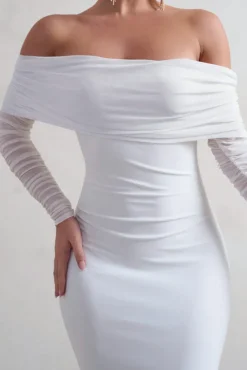 Madeleine | White Fishtail Maxi Dress With Bardot Mesh Long Sleeves