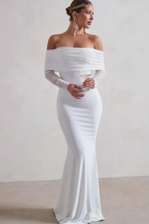 Madeleine | White Fishtail Maxi Dress With Bardot Mesh Long Sleeves