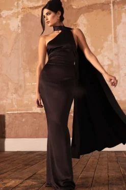 Mademoiselle | Black Satin Asymmetric Scarf Neck Backless Maxi Dress