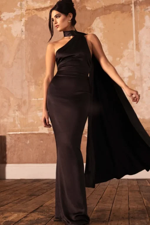 Mademoiselle | Black Satin Asymmetric Scarf Neck Backless Maxi Dress