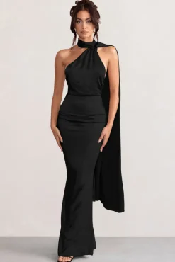 Mademoiselle | Black Satin Asymmetric Scarf Neck Backless Maxi Dress
