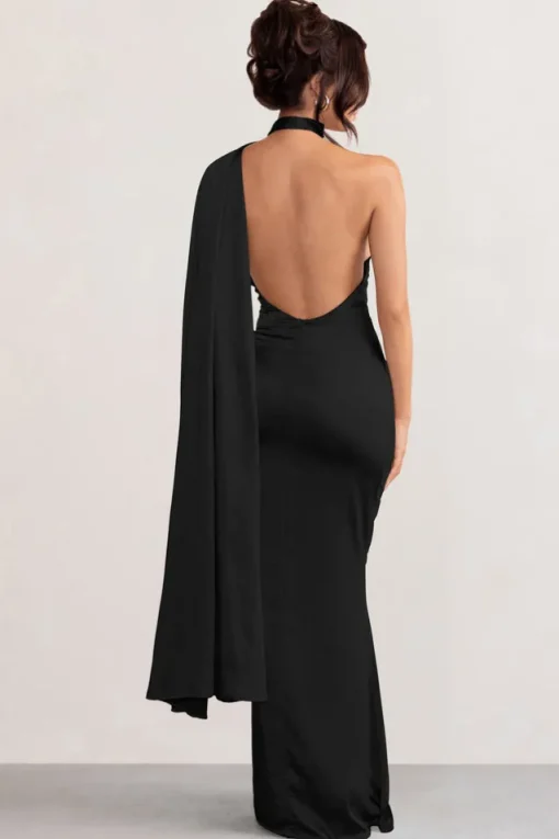 Mademoiselle | Black Satin Asymmetric Scarf Neck Backless Maxi Dress