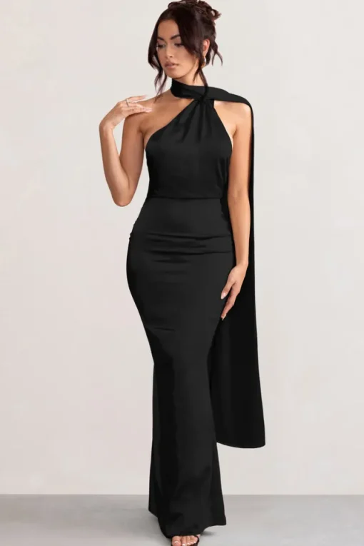 Mademoiselle | Black Satin Asymmetric Scarf Neck Backless Maxi Dress