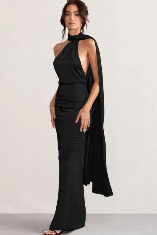 Mademoiselle | Black Satin Asymmetric Scarf Neck Backless Maxi Dress