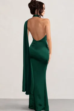 Mademoiselle | Bottle Green Satin Asymmetric Scarf Neck Backless Maxi Dress
