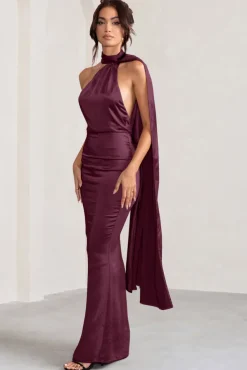 Mademoiselle | Burgundy Satin Asymmetric Scarf Neck Backless Maxi Dress