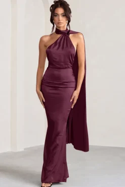 Mademoiselle | Burgundy Satin Asymmetric Scarf Neck Backless Maxi Dress