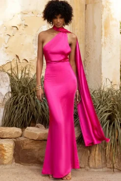 Mademoiselle | Hot Pink Asymmetric Scarf Neck Backless Maxi Dress