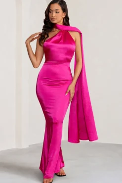 Mademoiselle | Hot Pink Asymmetric Scarf Neck Backless Maxi Dress