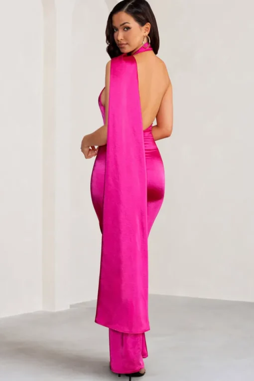 Mademoiselle | Hot Pink Asymmetric Scarf Neck Backless Maxi Dress