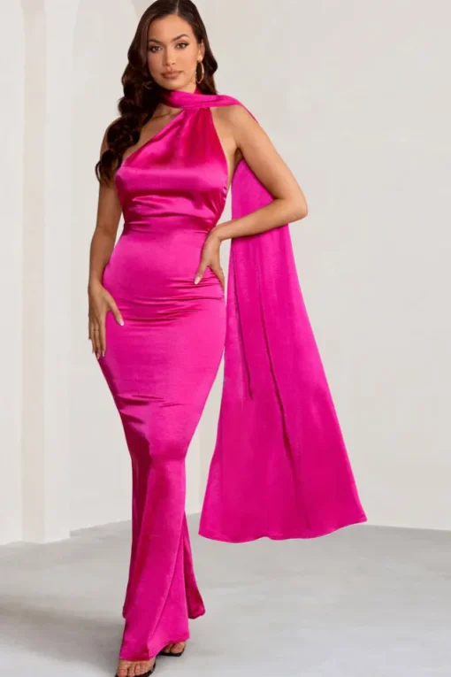Mademoiselle | Hot Pink Asymmetric Scarf Neck Backless Maxi Dress