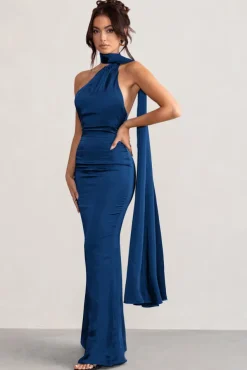 Mademoiselle | Navy Asymmetric Scarf Neck Backless Maxi Dress