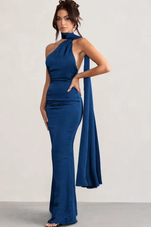 Mademoiselle | Navy Asymmetric Scarf Neck Backless Maxi Dress