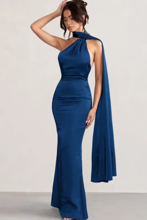 Mademoiselle | Navy Asymmetric Scarf Neck Backless Maxi Dress