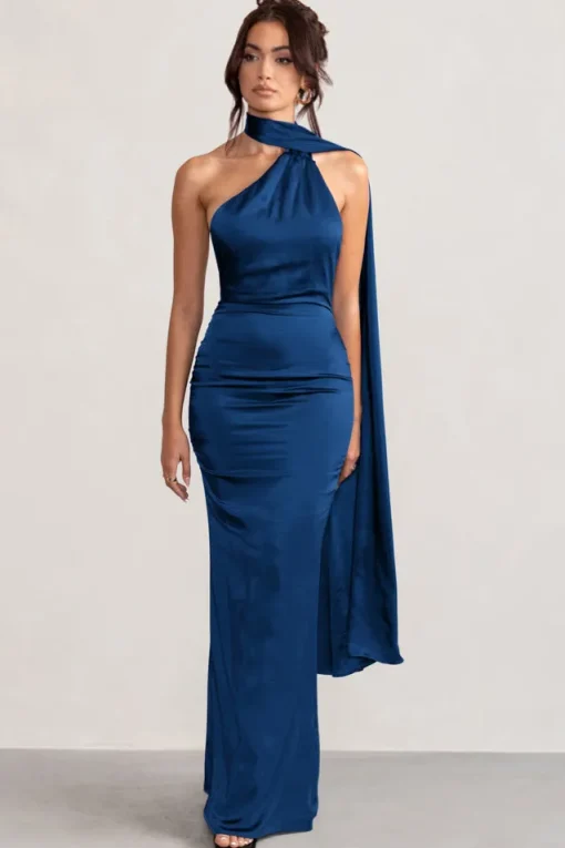 Mademoiselle | Navy Asymmetric Scarf Neck Backless Maxi Dress