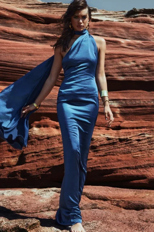 Mademoiselle | Navy Asymmetric Scarf Neck Backless Maxi Dress
