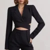 Madison | Black Plunge Tie Waist Tailored Playsuit