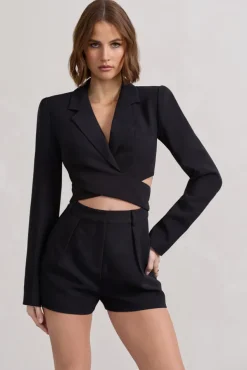 Madison | Black Plunge Tie Waist Tailored Playsuit