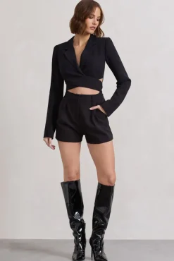 Madison | Black Plunge Tie Waist Tailored Playsuit