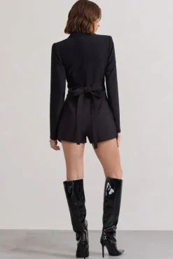 Madison | Black Plunge Tie Waist Tailored Playsuit