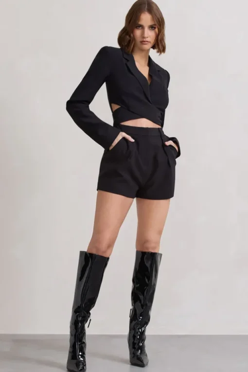 Madison | Black Plunge Tie Waist Tailored Playsuit