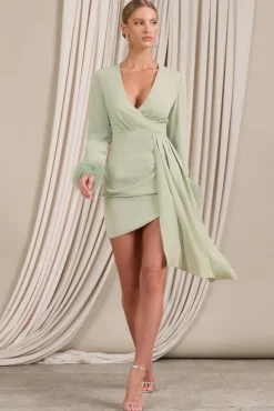 Mae | Mint Wrap Mini Dress With Drape And Feather Cuffs