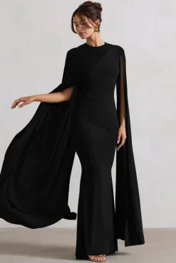 Magdelena | Black Asymmetric Cape Maxi Dress