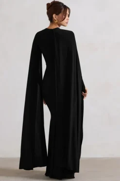 Magdelena | Black Asymmetric Cape Maxi Dress