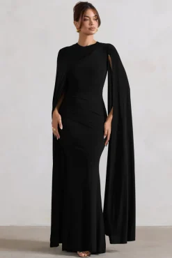 Magdelena | Black Asymmetric Cape Maxi Dress