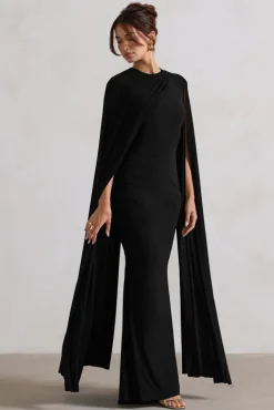 Magdelena | Black Asymmetric Cape Maxi Dress