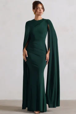 Magdelena | Bottle Green Asymmetric Cape Maxi Dress