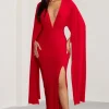 Maggie | Red Plunge Neck Maxi Dress with Cape Sleeves and Thigh Split