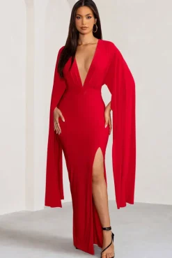 Maggie | Red Plunge Neck Maxi Dress with Cape Sleeves and Thigh Split
