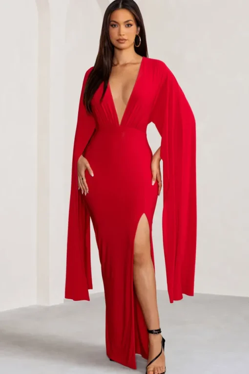 Maggie | Red Plunge Neck Maxi Dress with Cape Sleeves and Thigh Split