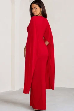 Maggie | Red Plunge Neck Maxi Dress with Cape Sleeves and Thigh Split