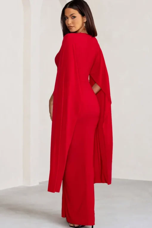 Maggie | Red Plunge Neck Maxi Dress with Cape Sleeves and Thigh Split