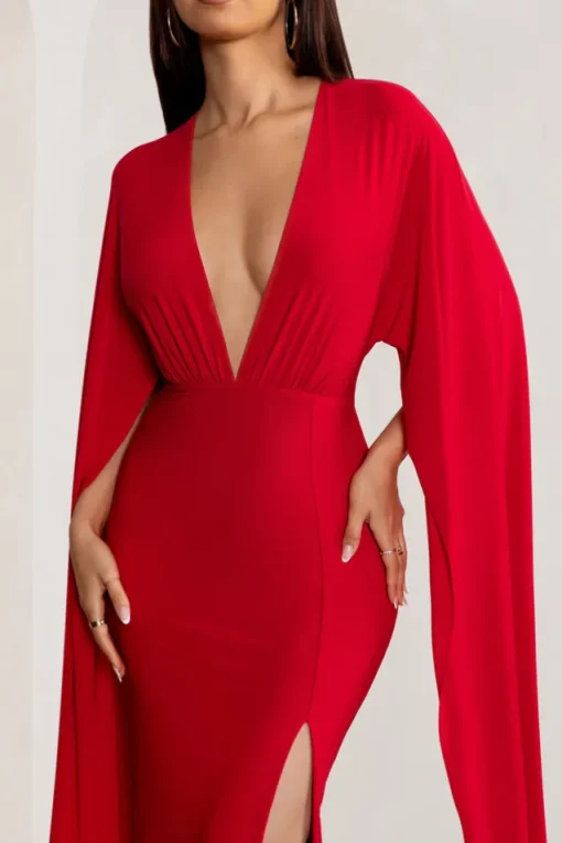 Maggie | Red Plunge Neck Maxi Dress with Cape Sleeves and Thigh Split
