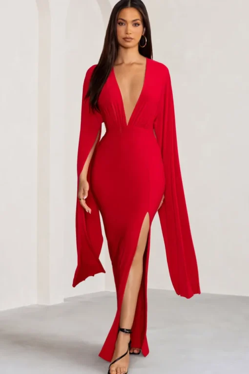 Maggie | Red Plunge Neck Maxi Dress with Cape Sleeves and Thigh Split