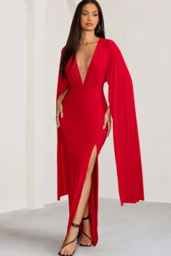 Maggie | Red Plunge Neck Maxi Dress with Cape Sleeves and Thigh Split